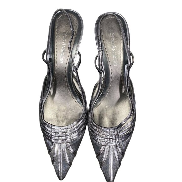 Enzo Angiolini Silver leather basket mesh weave Slingback Pointed Toe Heels - Picture 2 of 13
